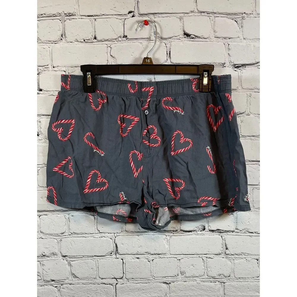 PINK Candy Cane Heart Pattern Lounge Shorts Grey Elastic Waist Sleepwear L‎